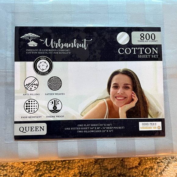 Luxury Hotel 800 thread count sateen sheet set - Queen size Soft Blue Stripe NWT - Picture 1 of 2